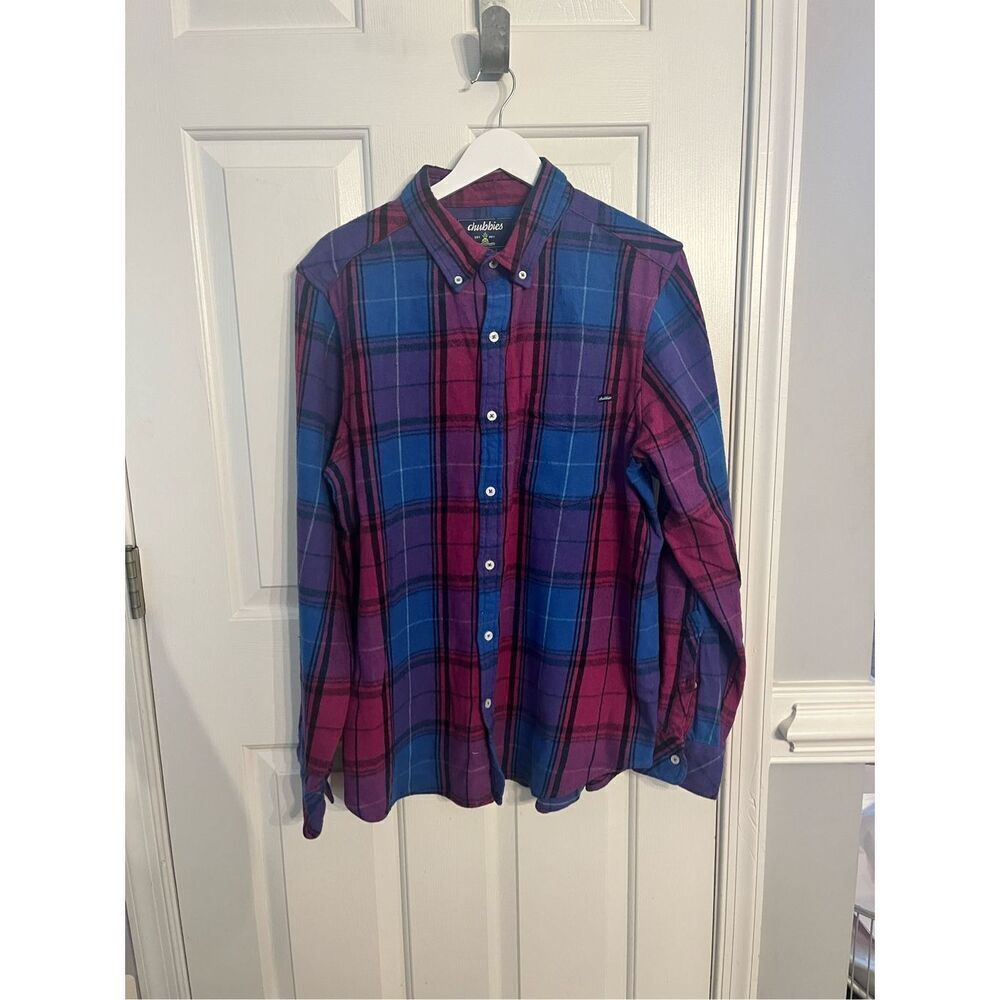 Chubbies Blue & Purple Stretch Soft Plaid Button Down Shirt sz L EUC